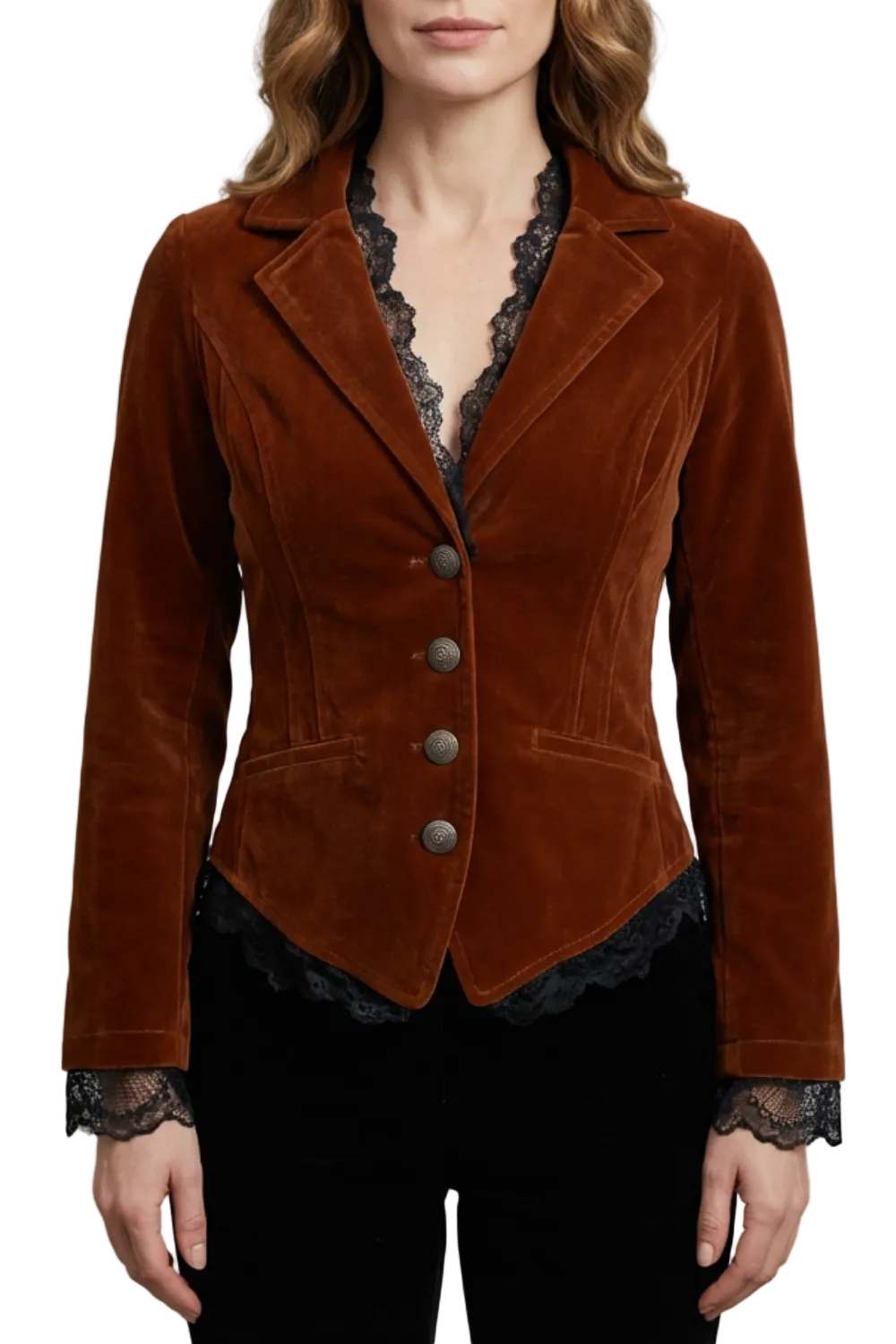 Valdrienne – Tailored lace accent – Velvet blazer