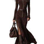 Vintage Brown Zipper Belted Maxi Dress（Includes belt）