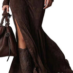 Vintage Brown Zipper Belted Maxi Dress（Includes belt）