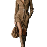 Suede Single Breasted Lapel Long Sleeve Midi Dress（Includes belt）