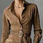 Suede Single Breasted Lapel Long Sleeve Midi Dress（Includes belt）