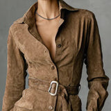 Suede Single Breasted Lapel Long Sleeve Midi Dress（Includes belt）