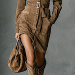 Suede Single Breasted Lapel Long Sleeve Midi Dress（Includes belt）