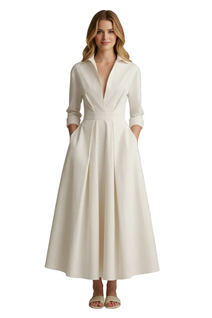 Delira | Women midi dress with shirt collar and long sleeves