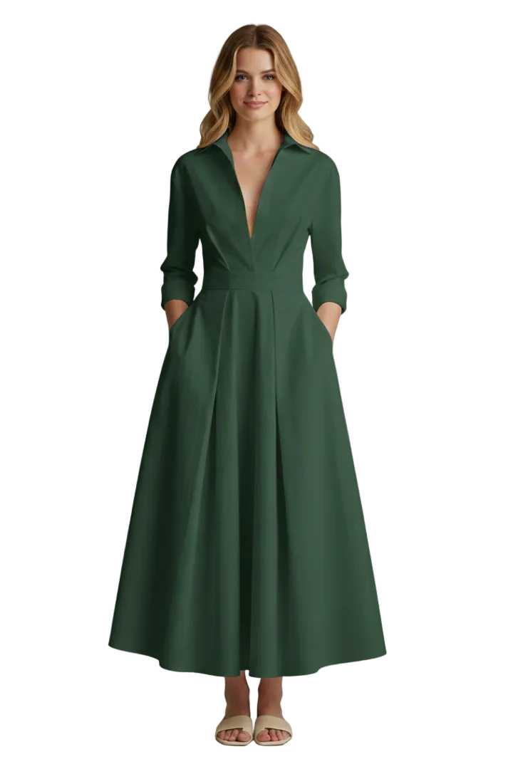 Delira | Women midi dress with shirt collar and long sleeves