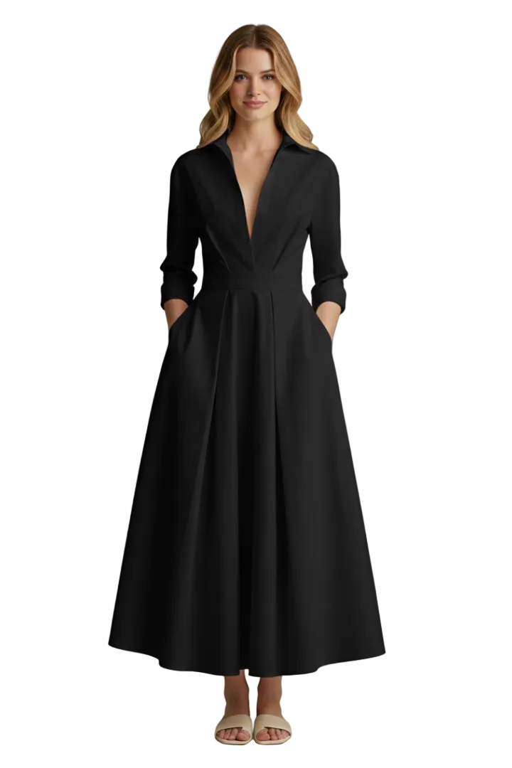Delira | Women midi dress with shirt collar and long sleeves