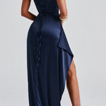 Robe invitée mariage longue satin femme fines bretelles fente haute drapée