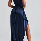 Robe invitée mariage longue satin femme fines bretelles fente haute drapée