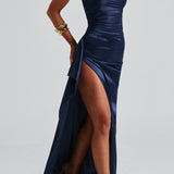 Robe invitée mariage longue satin femme fines bretelles fente haute drapée
