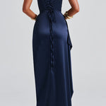 Robe invitée mariage longue satin femme fines bretelles fente haute drapée