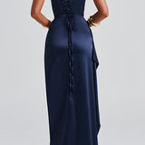 Robe invitée mariage longue satin femme fines bretelles fente haute drapée