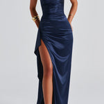 Robe invitée mariage longue satin femme fines bretelles fente haute drapée