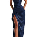 Robe invitée mariage longue satin femme fines bretelles fente haute drapée