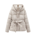 Women's Puffer Jacket with Hood and Belt for Winter Coats