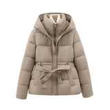 Women's Puffer Jacket with Hood and Belt for Winter Coats