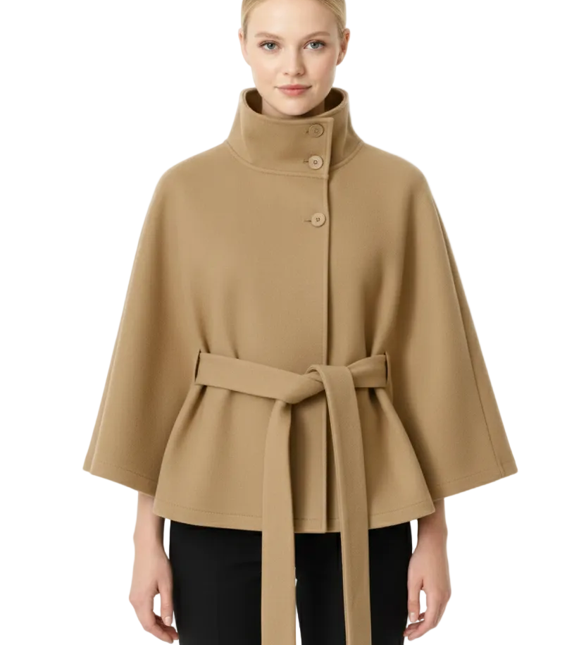 Ivanna Manteau Laine Femme – Col Haut Élégant avec Ceinture Amovible & Coupe Décontractée