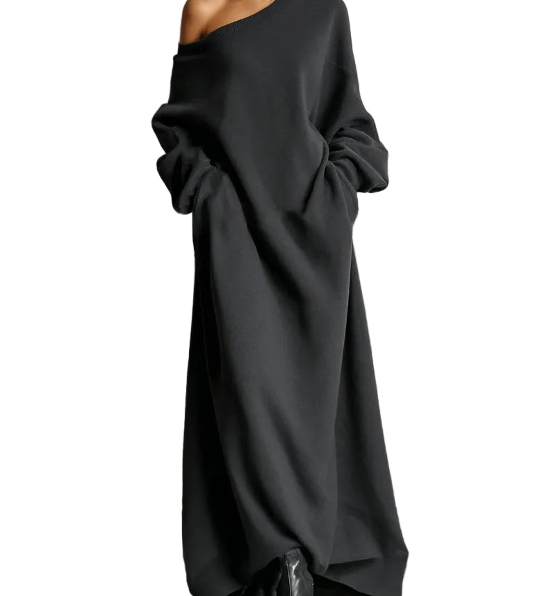 Black Off-shoulder Sweatshirt Maxi Dress