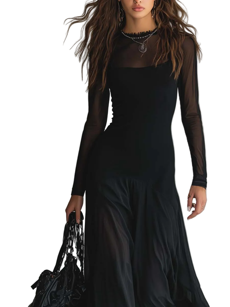 Nina - Vestido maxi preto em tule de corte solto