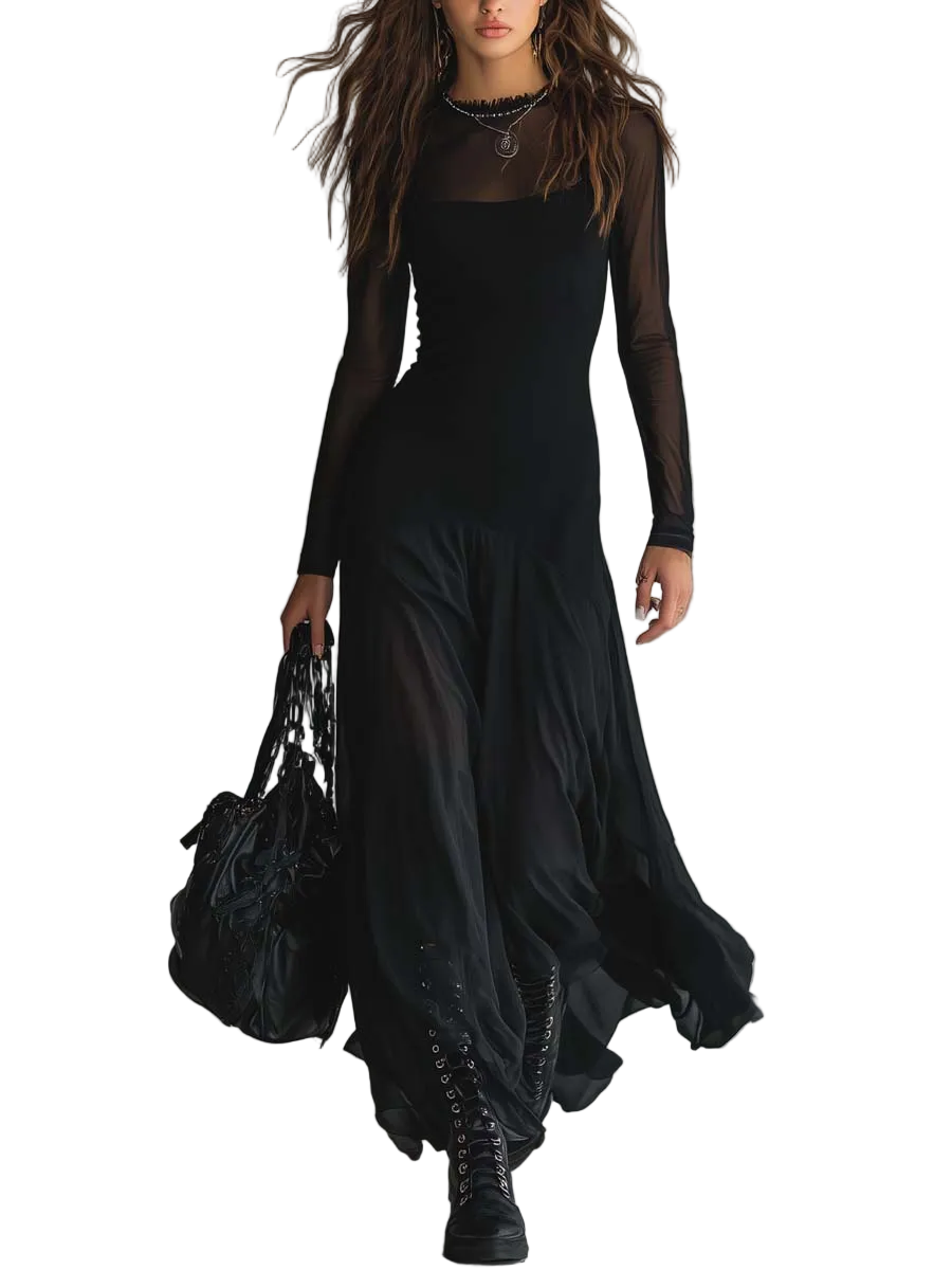 Nina - Vestido maxi preto em tule de corte solto