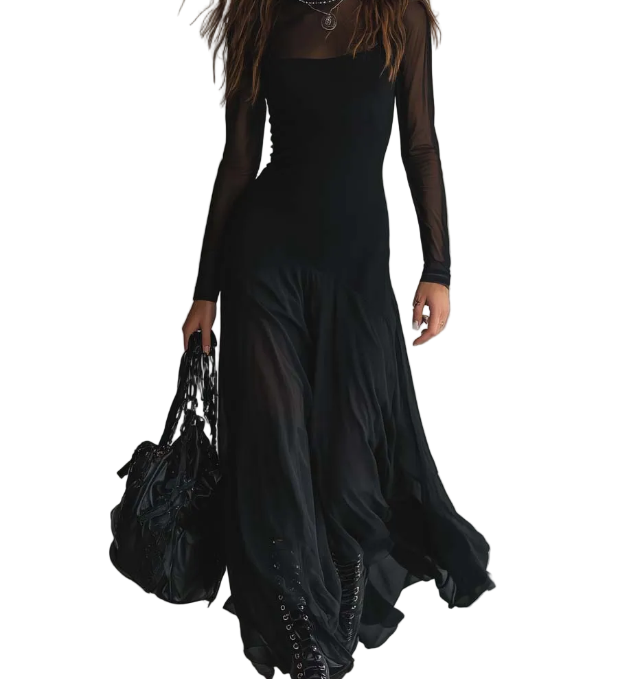 Nina - Vestido maxi preto em tule de corte solto