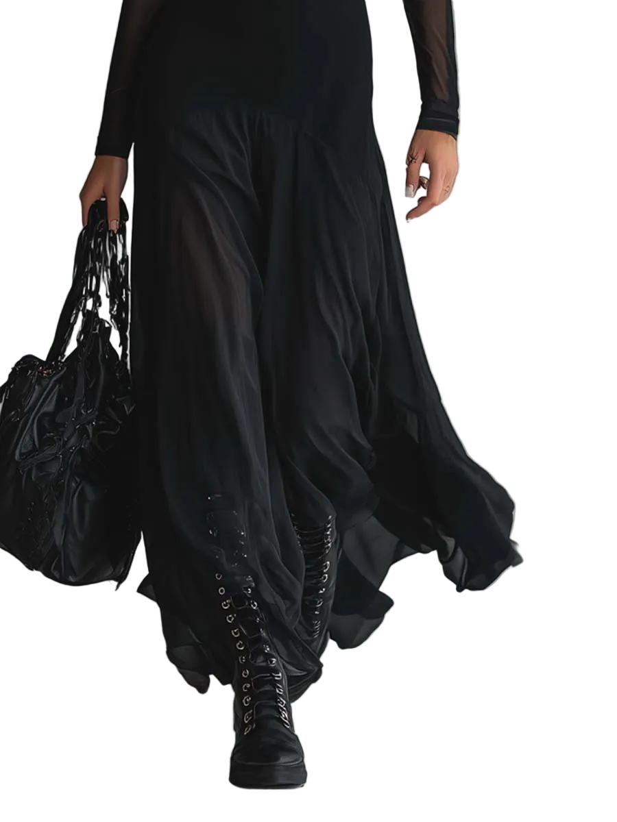 Nina - Vestido maxi preto em tule de corte solto
