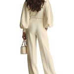 Ivory Ribbed Crew Neck Top And High-waisted Wide-leg Pants Suit