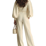 Ivory Ribbed Crew Neck Top And High-waisted Wide-leg Pants Suit