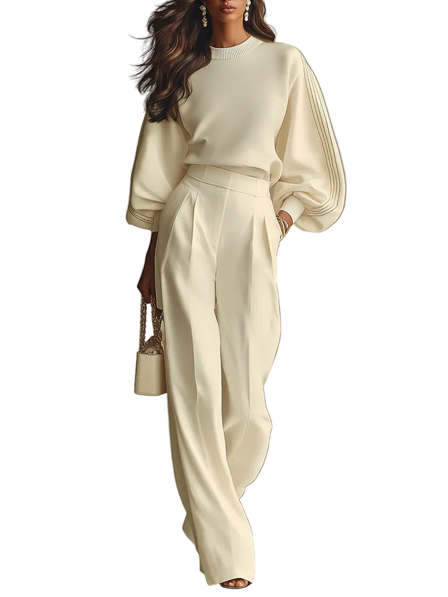 Ivory Ribbed Crew Neck Top And High-waisted Wide-leg Pants Suit