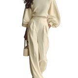 Ivory Ribbed Crew Neck Top And High-waisted Wide-leg Pants Suit