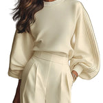 Ivory Ribbed Crew Neck Top And High-waisted Wide-leg Pants Suit