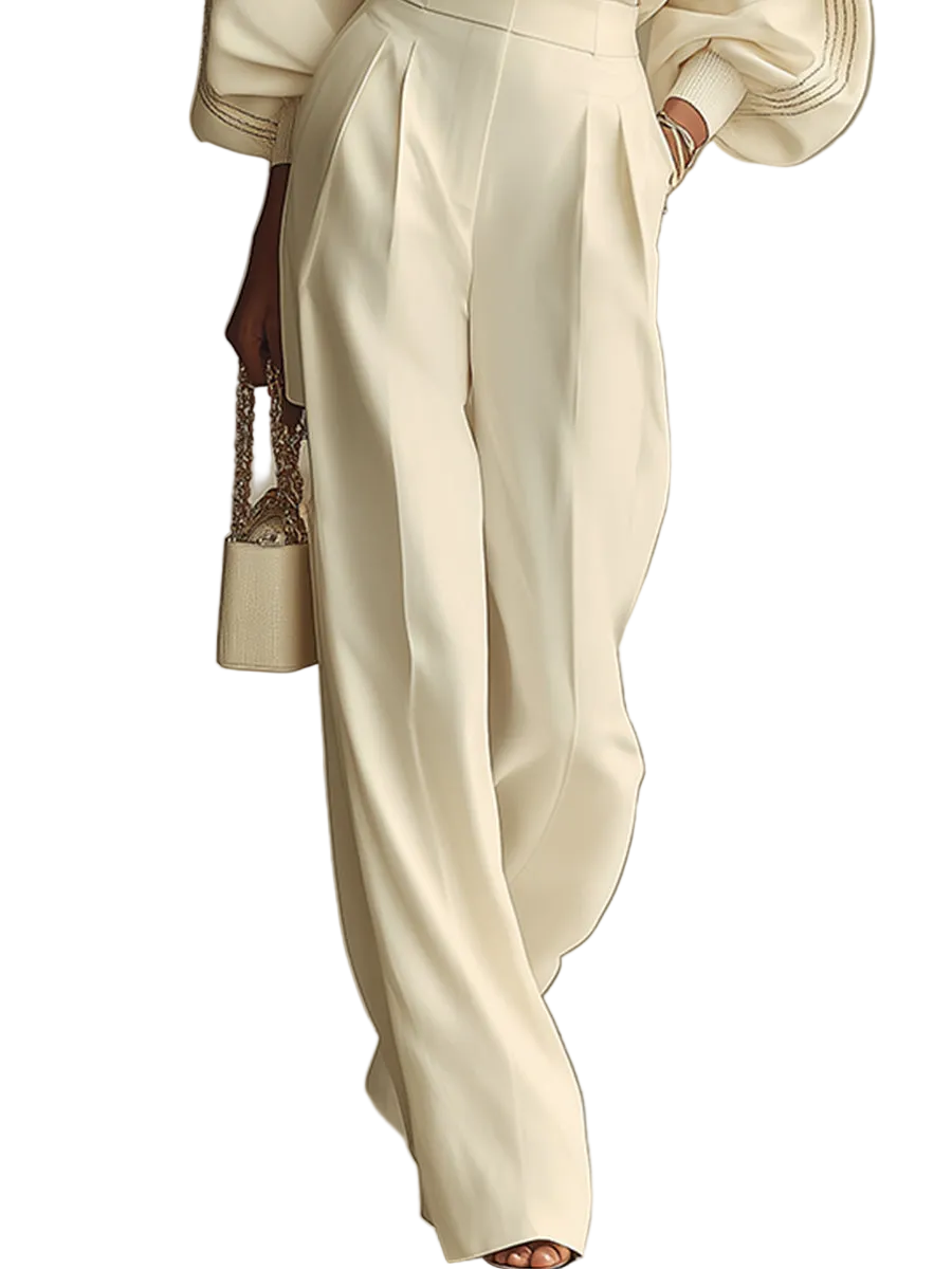 Ivory Ribbed Crew Neck Top And High-waisted Wide-leg Pants Suit
