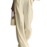 Ivory Ribbed Crew Neck Top And High-waisted Wide-leg Pants Suit
