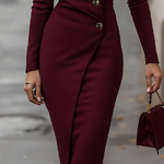 Burgundy Wrap-Style Buttoned Midi Dress