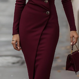 Burgundy Wrap-Style Buttoned Midi Dress