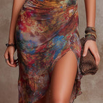 Bohemian Abstract Art Print V-neck Pleated Midi Dress