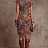Bohemian Abstract Art Print V-neck Pleated Midi Dress