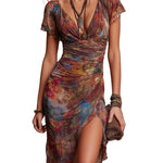 Bohemian Abstract Art Print V-neck Pleated Midi Dress