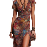 Bohemian Abstract Art Print V-neck Pleated Midi Dress