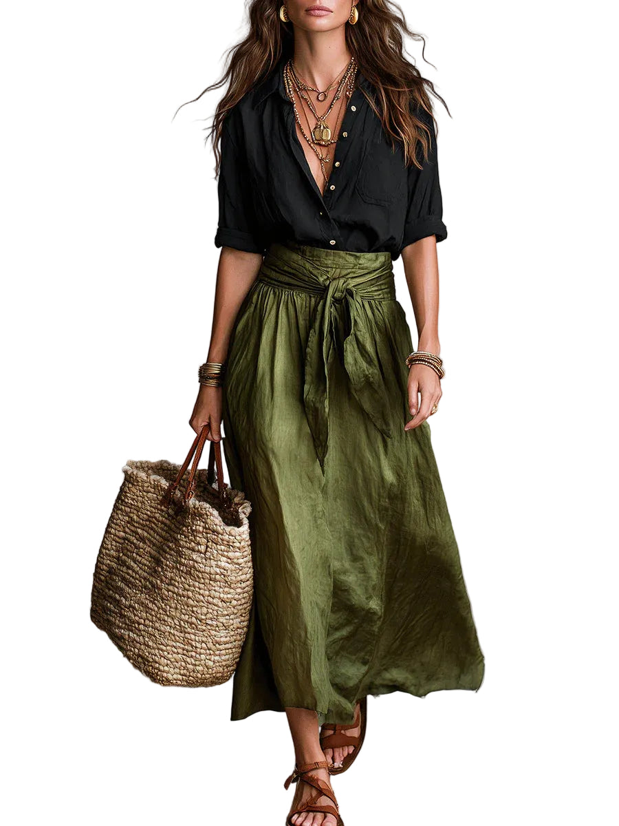 Vera – Completo di due pezzi: maglietta nera e gonna midi verde oliva