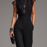 Black Chiffon Ruffled Sleeve Blouse And High-waisted Wide-leg Pants Set