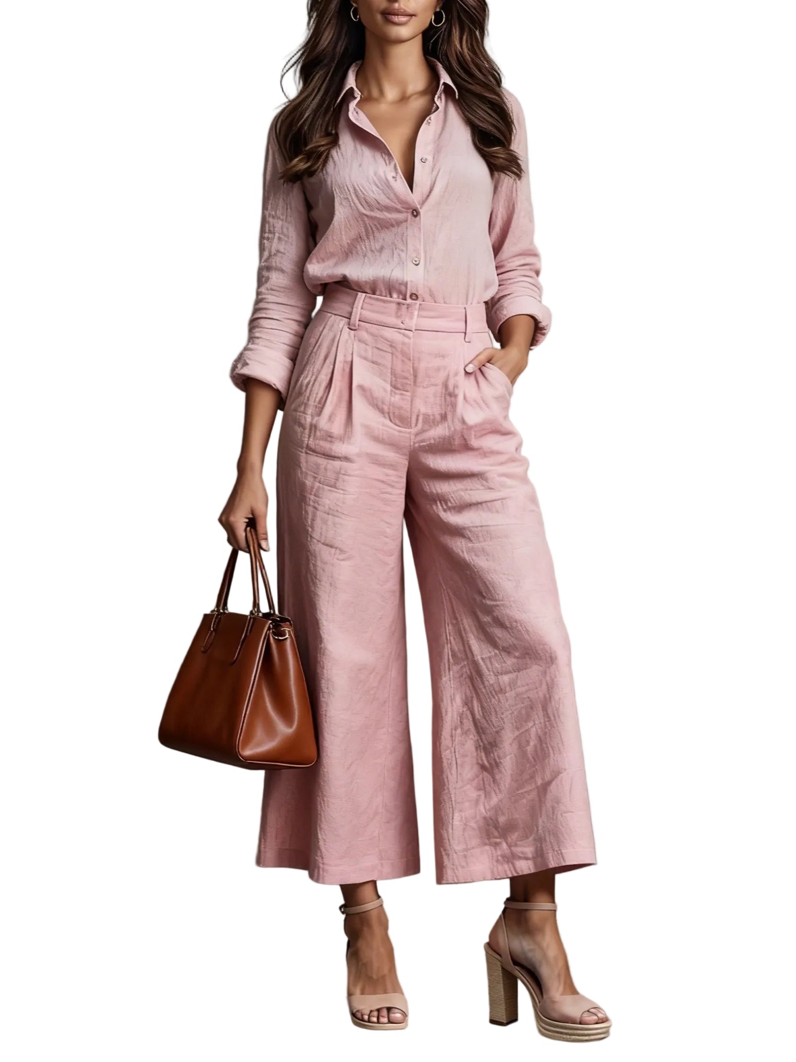 Pink Capri Pants and Loose Shirt Linen Set