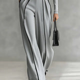 White Trim High-neck Long-sleeved Top With Wide-leg Pants and Belt Set