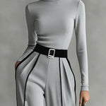 White Trim High-neck Long-sleeved Top With Wide-leg Pants and Belt Set