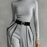 White Trim High-neck Long-sleeved Top With Wide-leg Pants and Belt Set