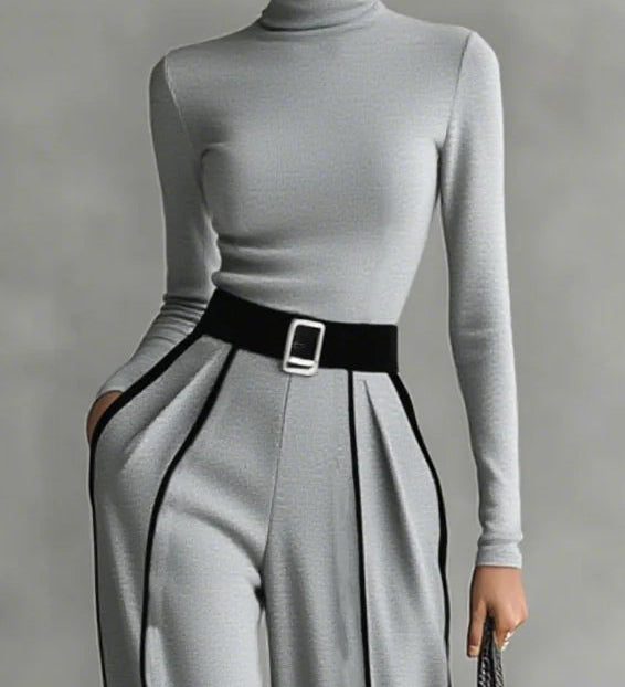 White Trim High-neck Long-sleeved Top With Wide-leg Pants and Belt Set