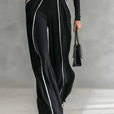 White Trim High-neck Long-sleeved Top With Wide-leg Pants and Belt Set