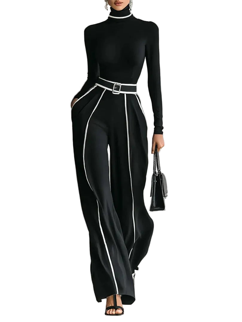 White Trim High-neck Long-sleeved Top With Wide-leg Pants and Belt Set