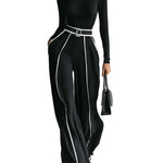 White Trim High-neck Long-sleeved Top With Wide-leg Pants and Belt Set