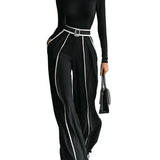 White Trim High-neck Long-sleeved Top With Wide-leg Pants and Belt Set