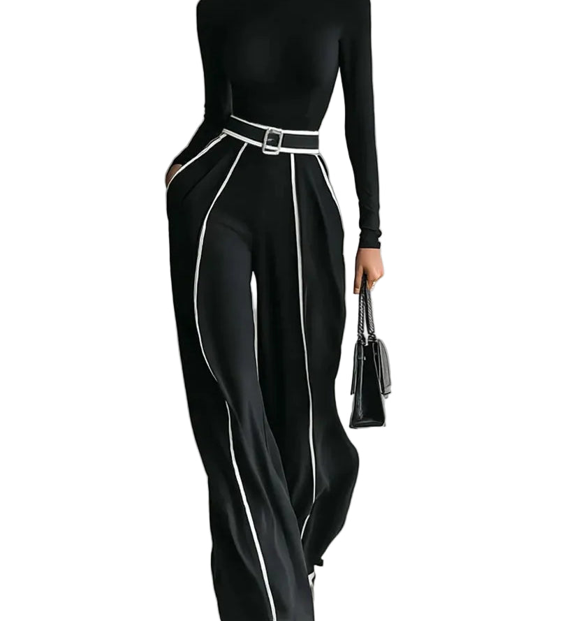 White Trim High-neck Long-sleeved Top With Wide-leg Pants and Belt Set